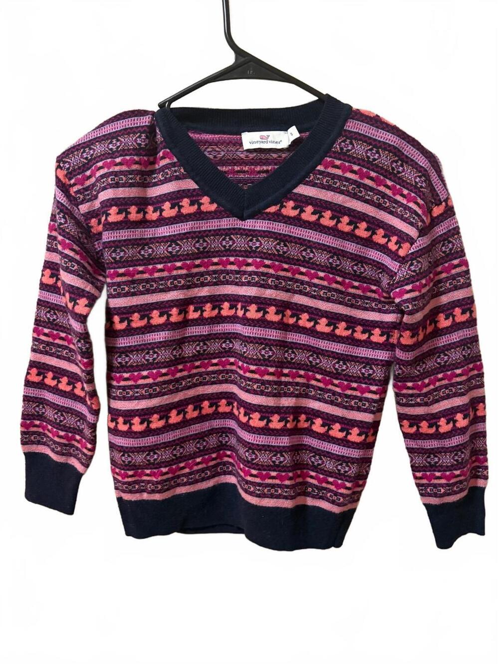 Vineyard Vines Pink Duck Heart Fair Isle Sweater Preppy Cottagecore Girls Small